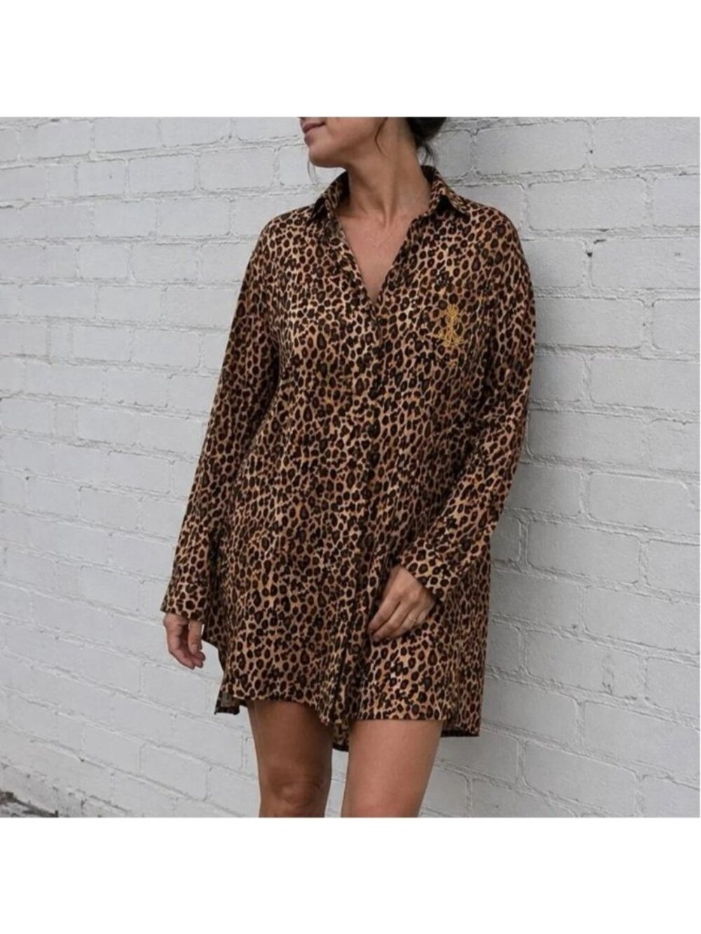 Lauren Ralph Lauren Leopard Print Night Sleep Shirt Size M Pajama 100% Cotton